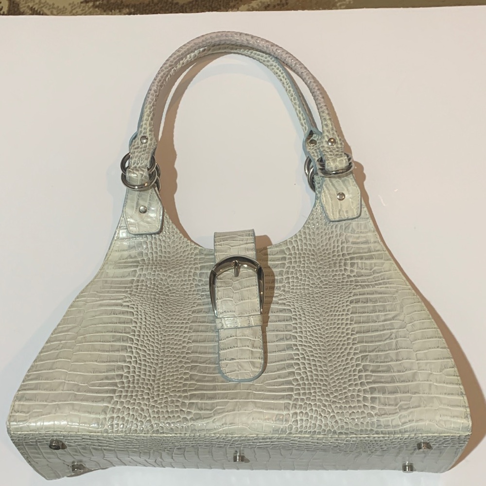 Charlie Lapson Chic Cream Crocodile-Embossed Shoulder Bag